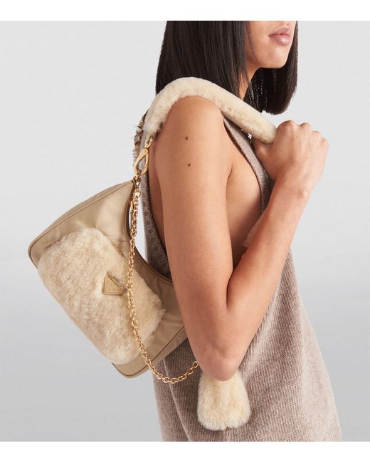 Prada Natural Re-nylon Shearling Shoulder Bag