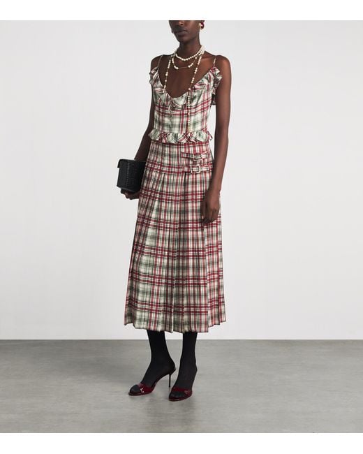 Alessandra Rich Purple Silk Check Ruffled Midi Dress