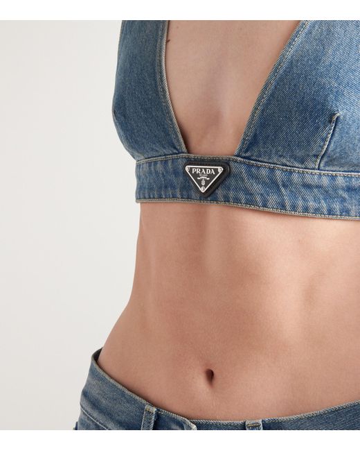 Prada Blue Triangle Logo Denim Bralette Top