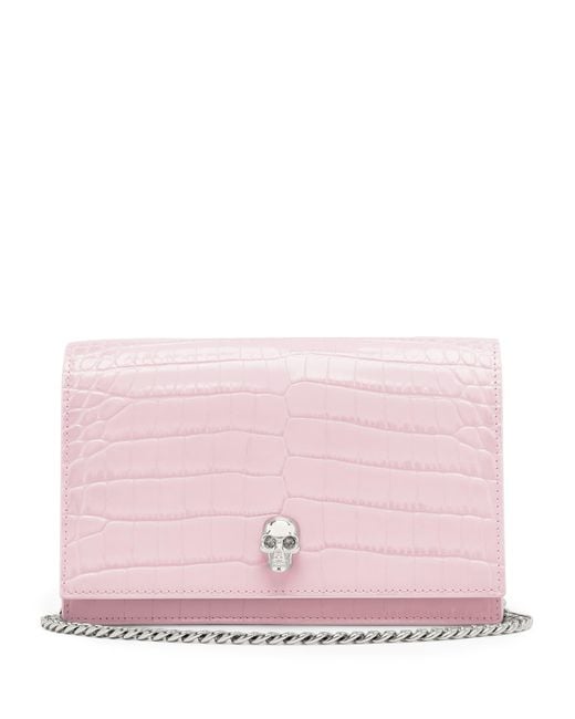 Alexander McQueen Pink Small Croc-Embossed Skull Cross-Body Bag