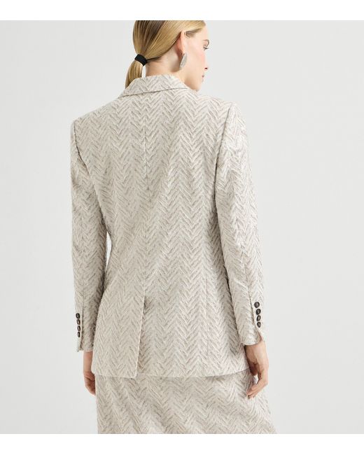Brunello Cucinelli Natural Linen Chevron Double-Breasted Blazer
