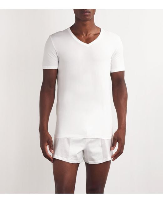 Hanro White Cotton Superior V-Neck T-Shirt for men