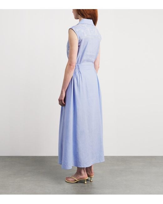 Sandro Blue Linen-Blend Embroidered Maxi Dress