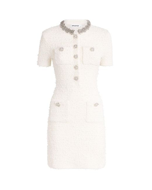 Self-Portrait White Cream Bouclé Knit Mini Dress With Crystal Buttons