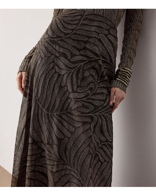 Ralph Lauren Brown Foiled Silk Chiffon Masina Maxi Skirt