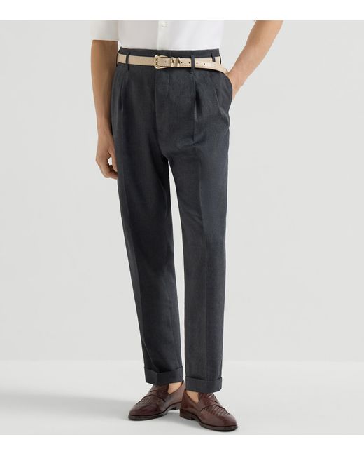 Brunello Cucinelli Black Linen-Wool Chevron Tailored Trousers for men