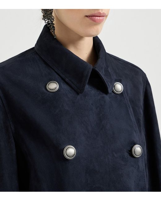 Brunello Cucinelli Blue Suede Double-Breasted Jacket