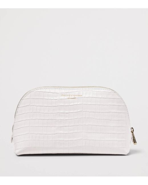 Aspinal White Small Leather Croc-Embossed Cosmetic Case