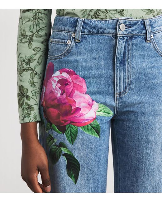 Alice + Olivia Blue Floral Print Chic Wide-Leg Jeans