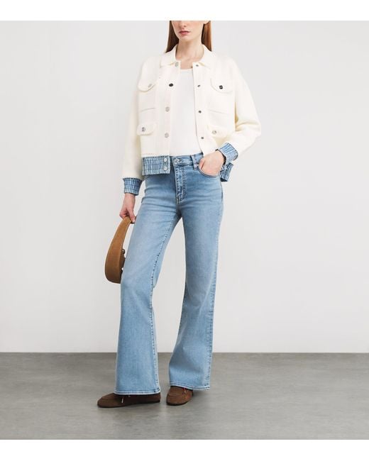 Sandro White Bouclé Denim-Trim Cardigan