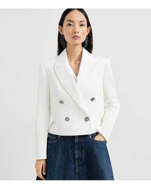 Brunello Cucinelli White Cotton-Paper Yarn Cropped Blazer