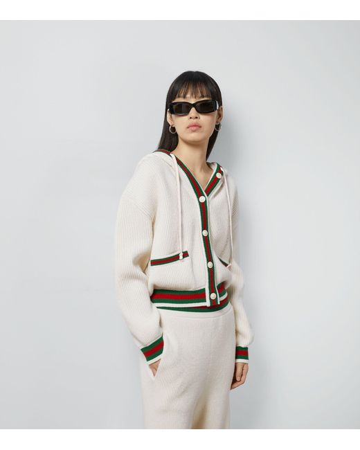 Gucci White Wool Web-trimmed Hooded Cardigan