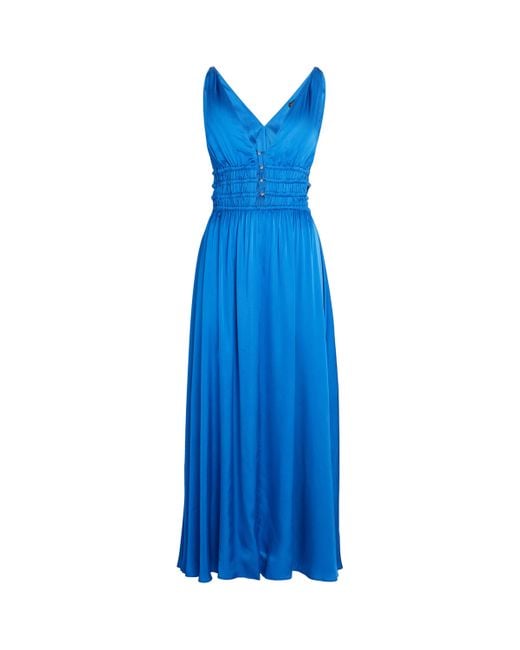 Maje Blue Satin Smocked-Detail Midi Dress