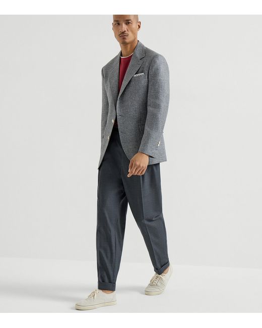 Brunello Cucinelli Blue Silk-Linen-Wool Blazer for men