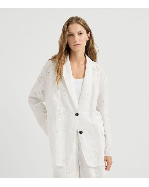 Brunello Cucinelli White Cotton Monili Organza Blazer