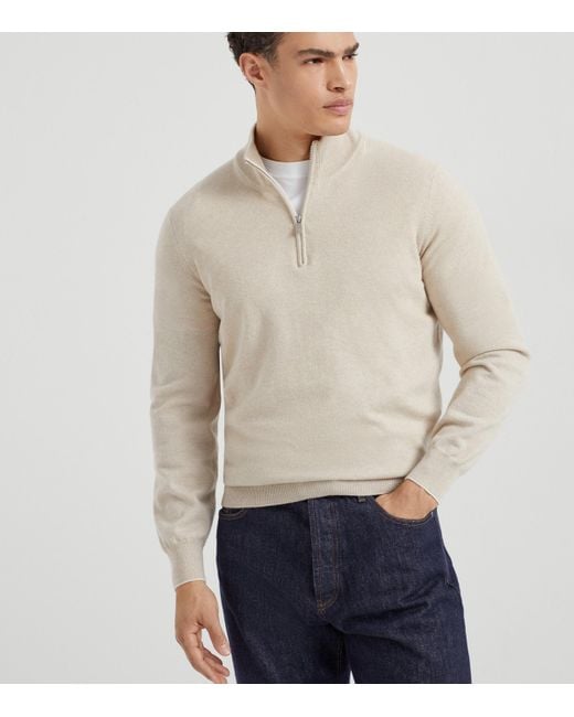 Brunello Cucinelli White Cashmere Quarter-Zip Sweater for men