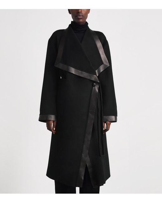 Lafayette 148 New York Black Cashmere Leather-Trim Wrap Coat