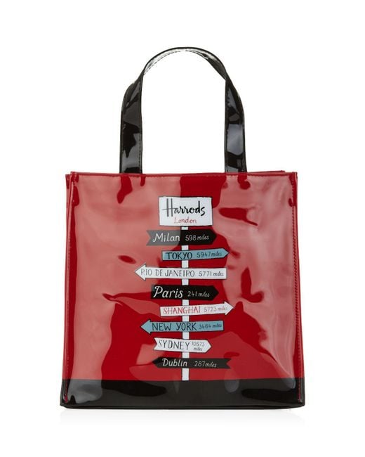 Harrods Red Small Sign Posts Shopper Bag