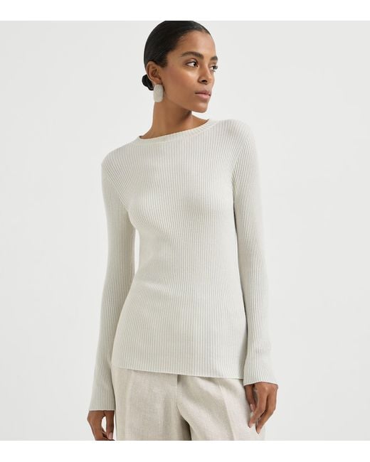 Brunello Cucinelli White Cashmere-Blend Sparkle Sweater