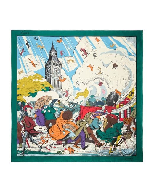Burberry Green Silk Raining Cats And Dogs Scarf