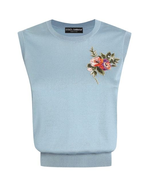 Dolce & Gabbana Blue Silk Floral Appliqué Blouse