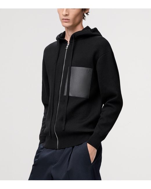 Loewe Black Wool-Blend Leather-Pocket Hoodie for men