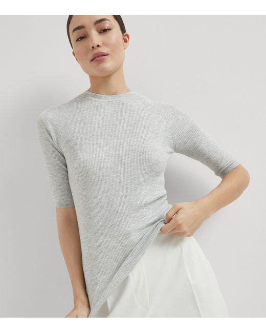 Brunello Cucinelli Gray Cashmere Sparkling Short-Sleeve Sweater