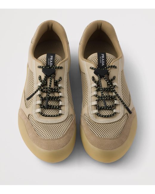 Prada Brown Leather-Mesh Speedrock Sneakers