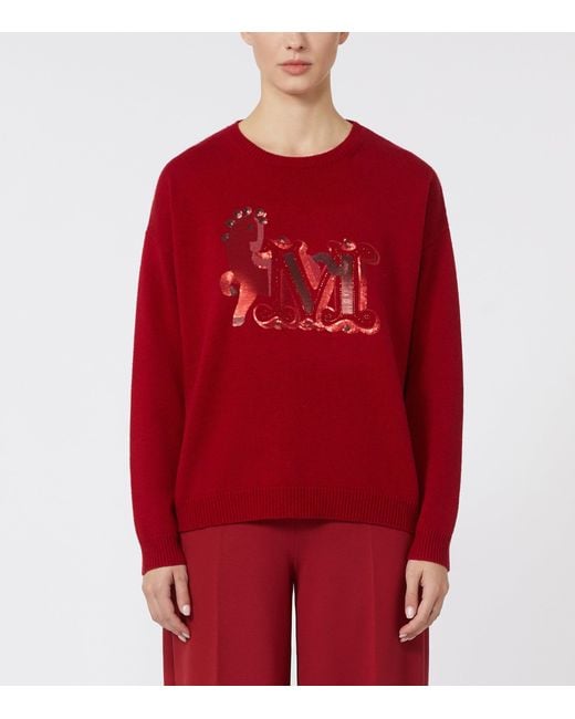 Max Mara Red Wool-Cashmere Monogram Sweater