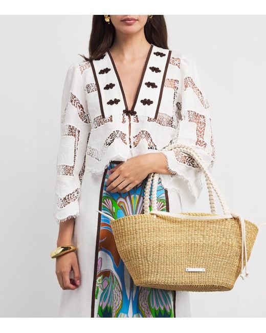 Muuñ White Straw Margareth Tote Bag