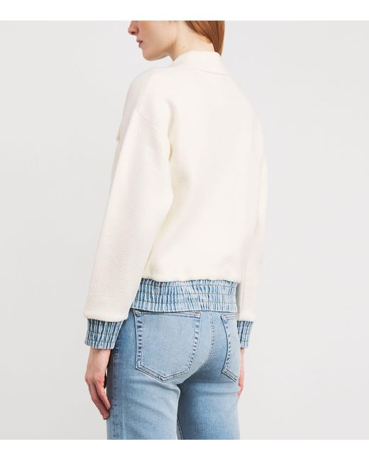 Sandro White Bouclé Denim-Trim Cardigan