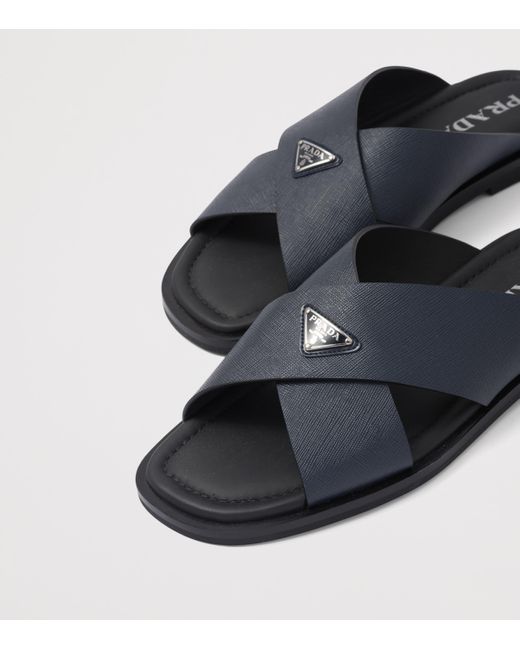 Prada Black Saffiano Leather Crossover Sandals for men