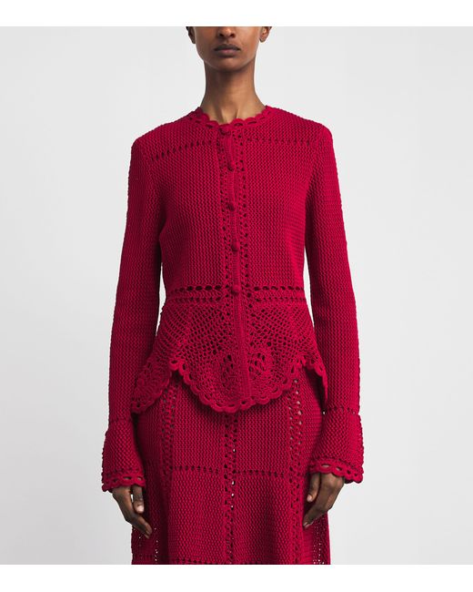 Erdem Red Cotton Crochet Peplum Cardigan