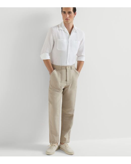 Brunello Cucinelli Gray Linen-Cotton Drill Trousers for men