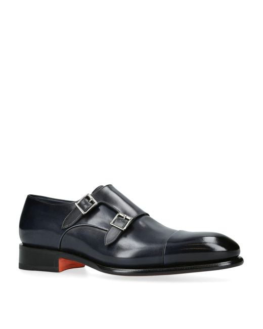 Santoni Black Leather Carter Monk Shoes for men