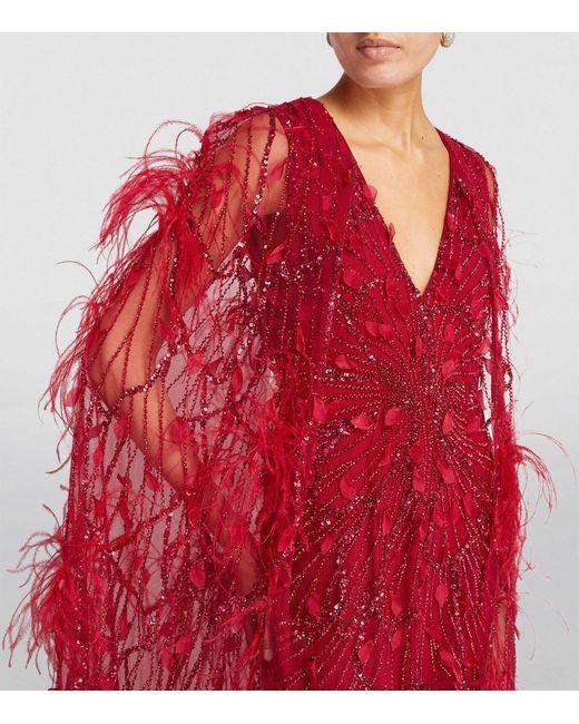 Pamella Roland Red Feather-embellished Cape Gown