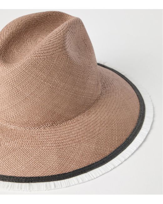Brunello Cucinelli Brown Straw Embellished Fedora Hat