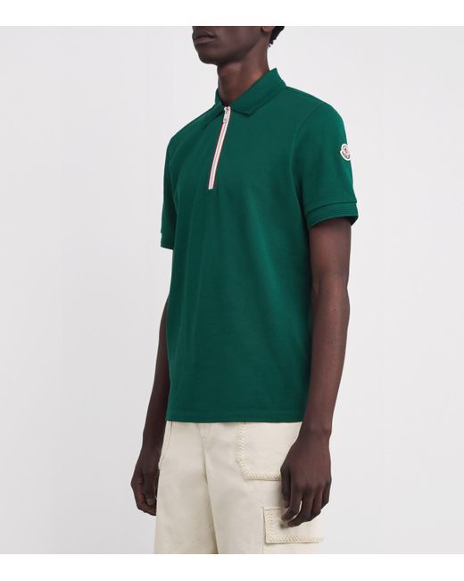 Moncler Green Cotton Zip-Up Polo Shirt for men