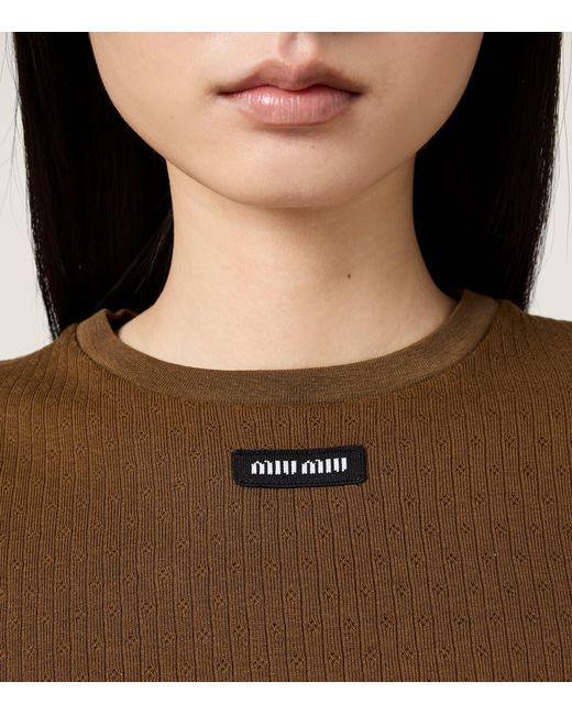 Miu Miu Brown Cotton Pointelle Cropped T-Shirt