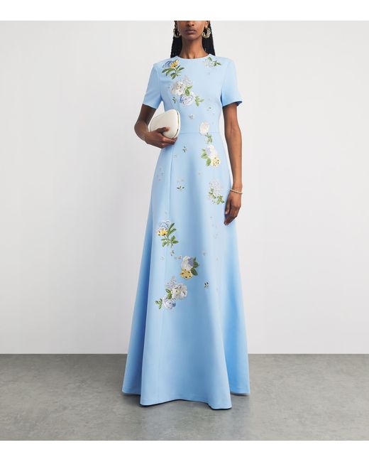 Carolina Herrera Blue Crepe Floral Embroidered Gown
