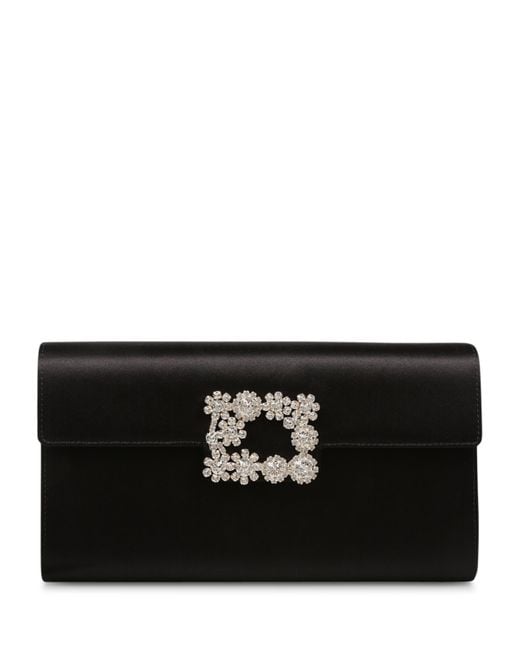 Roger Vivier Black Satin Efflorescence Envelope Clutch Bag