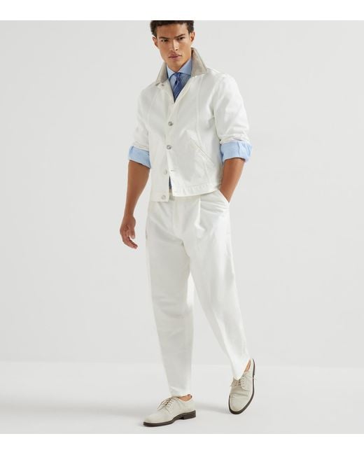 Brunello Cucinelli White Denim Leather-Collar Jacket for men