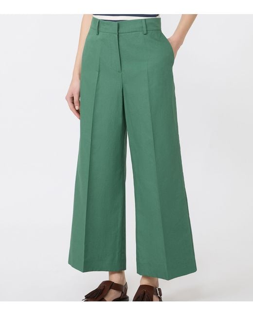 Weekend by Maxmara Green Cotton-Linen Wide-Leg Cropped Trousers
