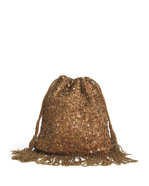 Rixo Brown Silk Embellished Orla Clutch Bag