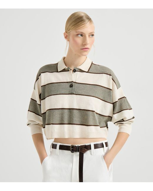 Brunello Cucinelli White Stripe Cropped Polo Sweater