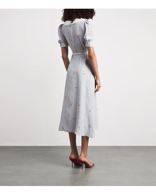 Alessandra Rich Gray Floral Print Belted Midi Dress