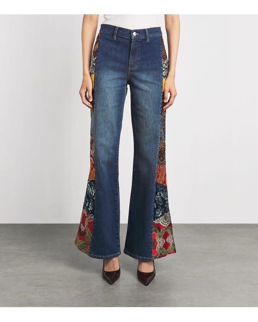 Alice + Olivia Blue Stretch-Denim Patchwork Flare Sb Jeans