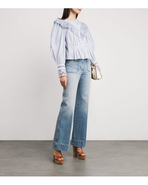 Ulla Johnson Blue Cotton Lace-Trim Esther Blouse