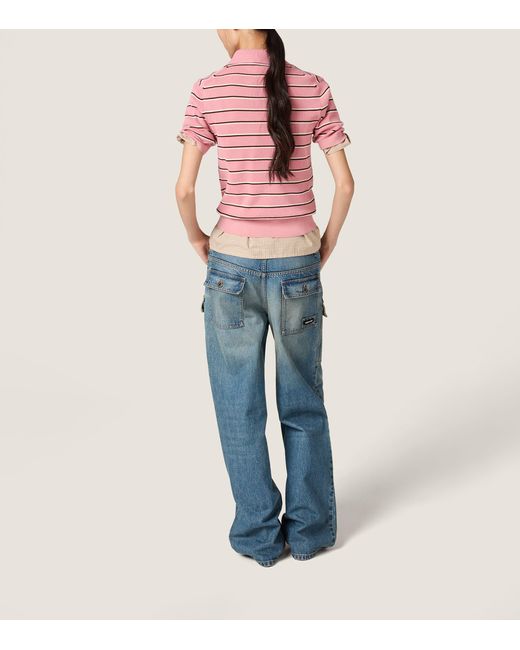 Miu Miu Pink Stretch-Cotton Stripe Polo Shirt