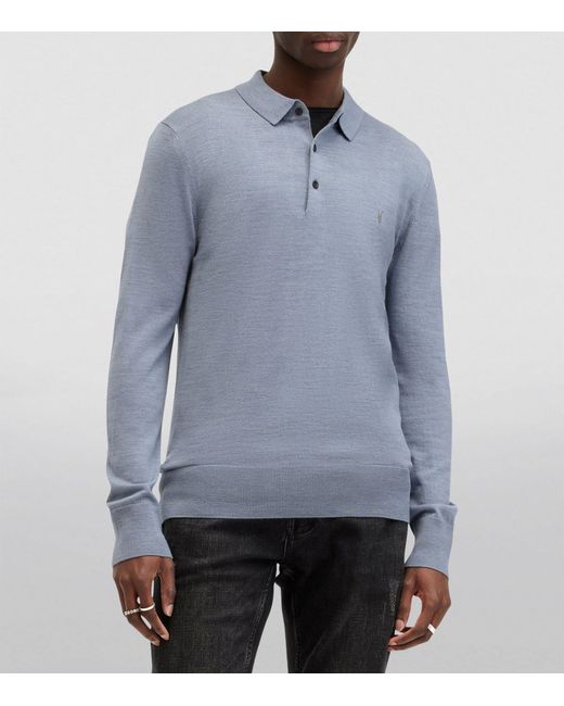 AllSaints Blue Merino Wool Mode Polo Sweater for men